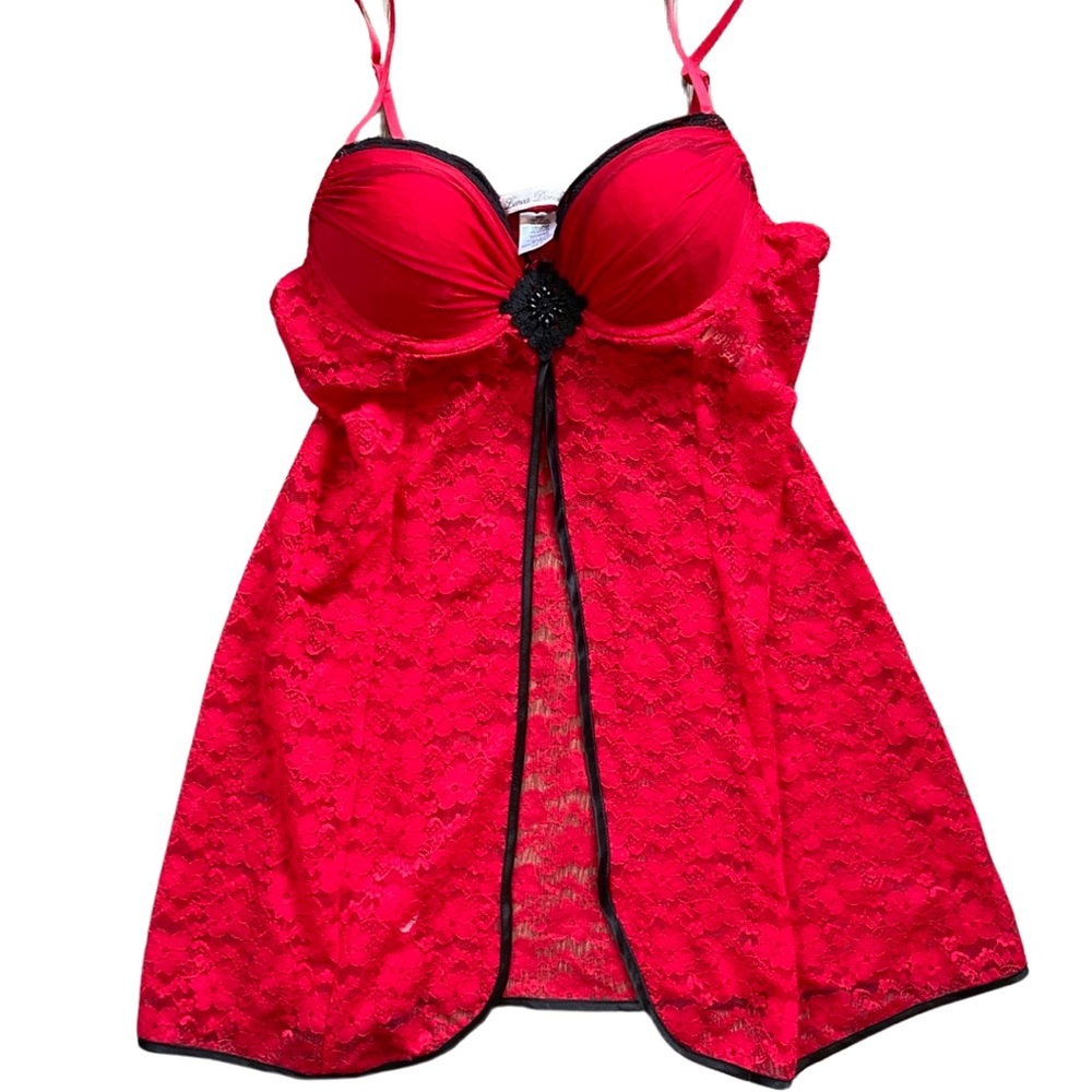 Linea Donatella Red Lace Padded Push-up Cup Lingerie Teddy Chemise Open Front